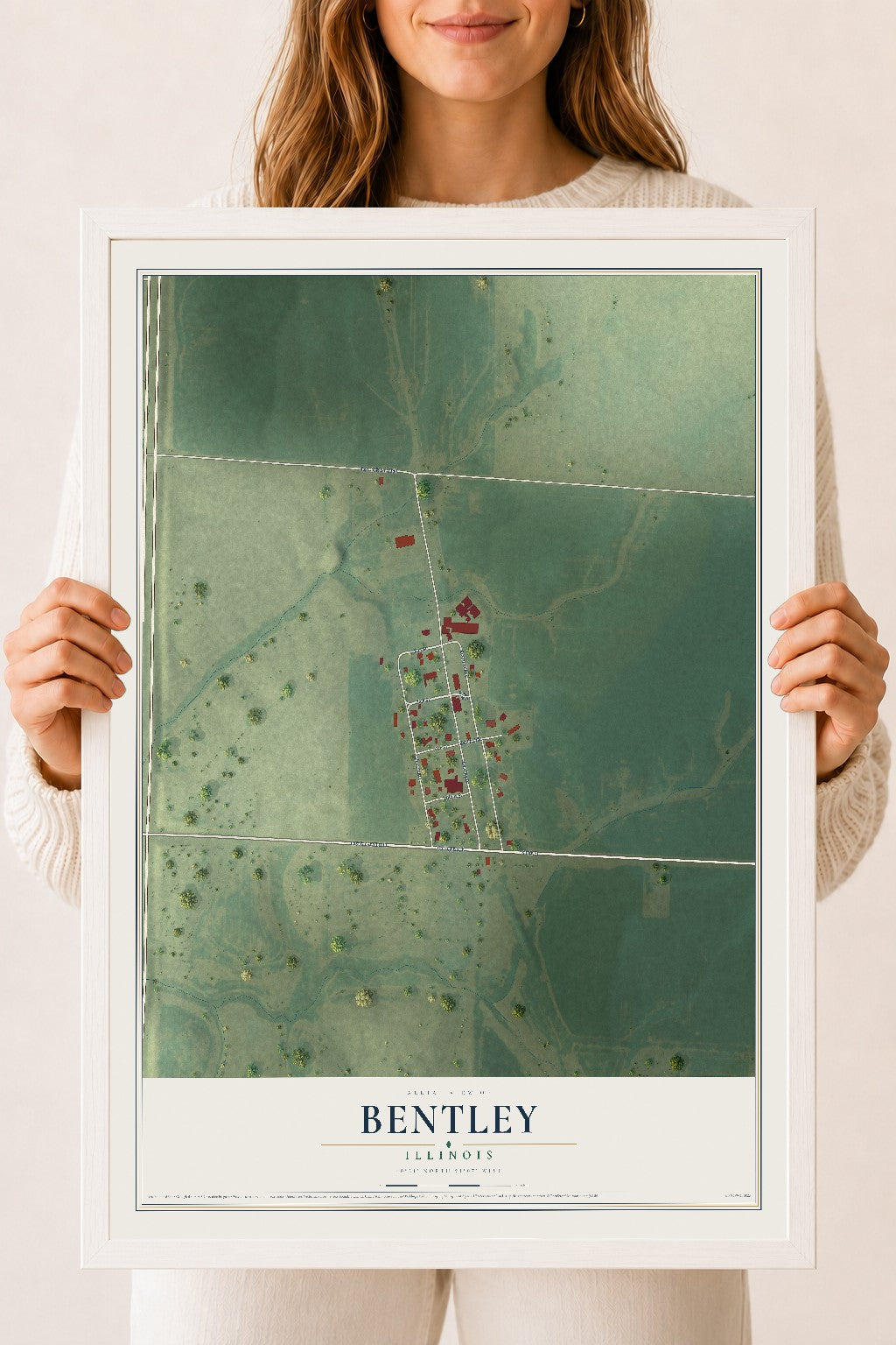 Map of Bentley, Illinois, 18 x 24 inch print in a white wood frame