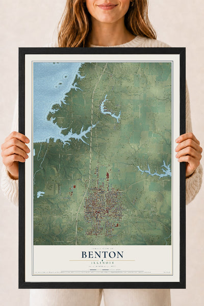 Map of Benton, Illinois, 18 x 24 inch print in a black wood frame