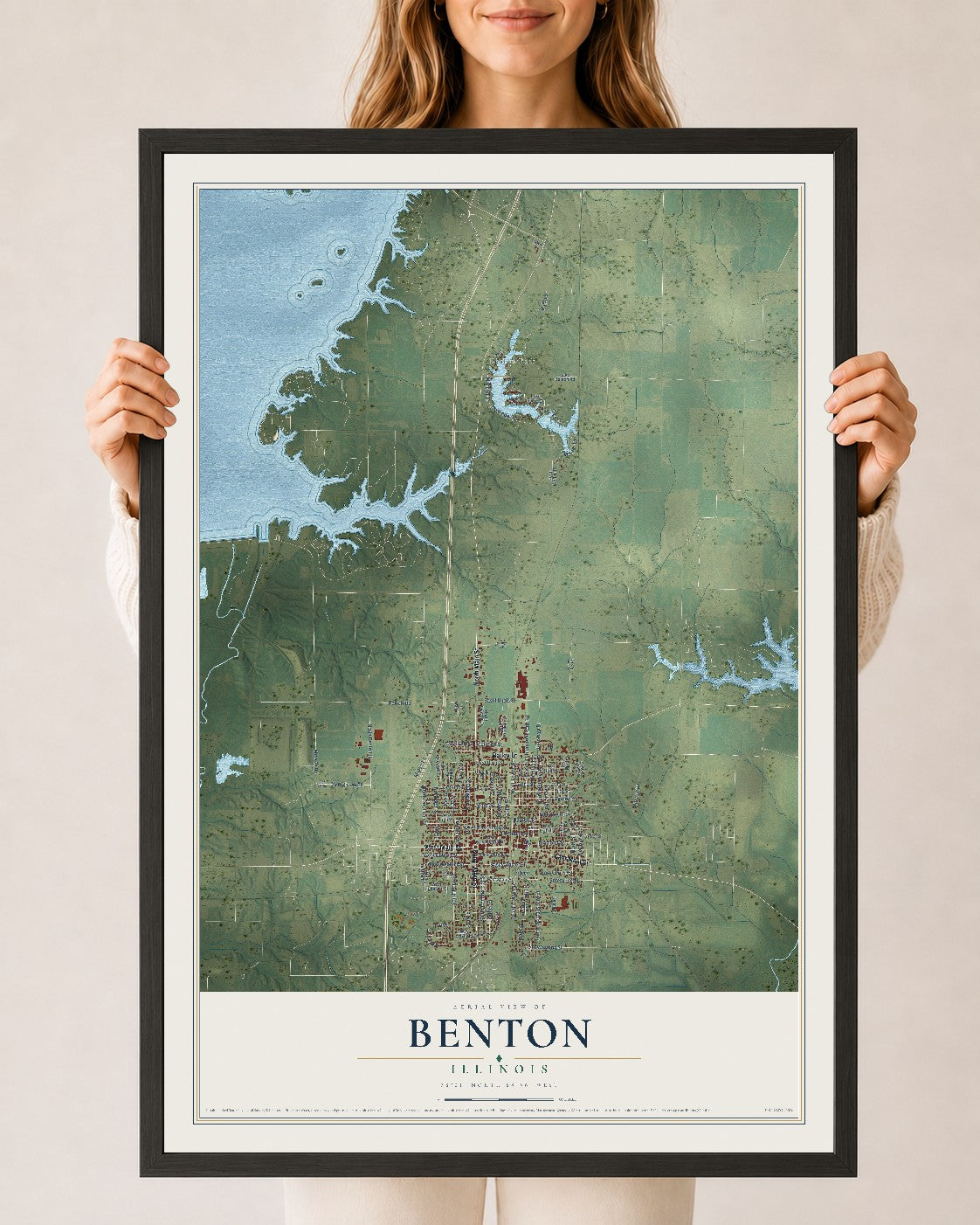 Map of Benton, Illinois, 24 x 36 inch print in a black wood frame