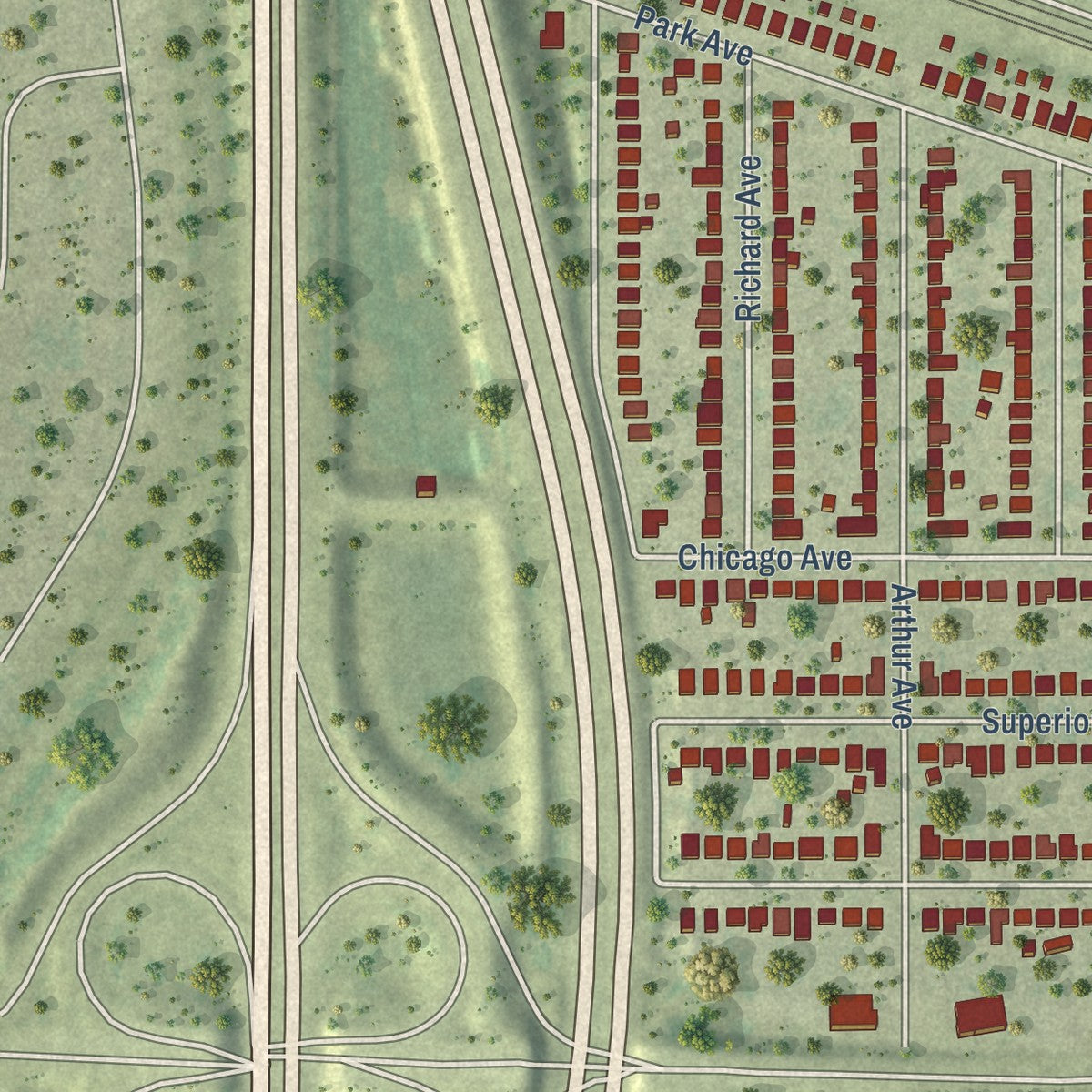 Second close-up of the map of Berkeley, Illinois print showing more streets and buildings