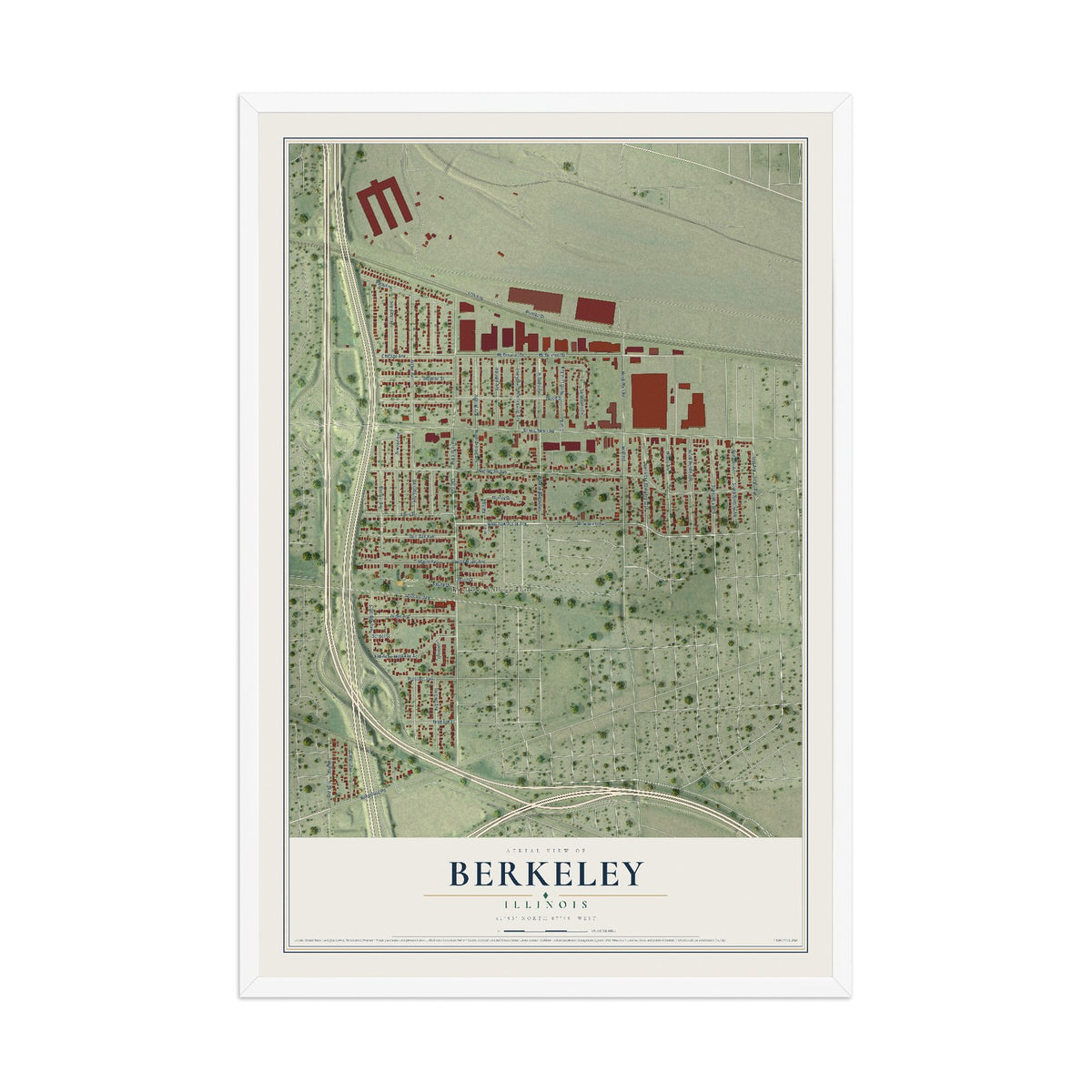 Map of Berkeley, Illinois, 12 x 18 inch print in a white wood frame