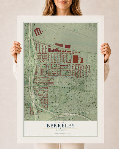 Map of Berkeley, Illinois, 24 x 36 inch print in a white wood frame