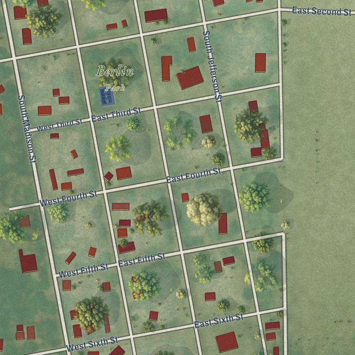 Close-up of the map of Berlin, Illinois print showing street and building detail