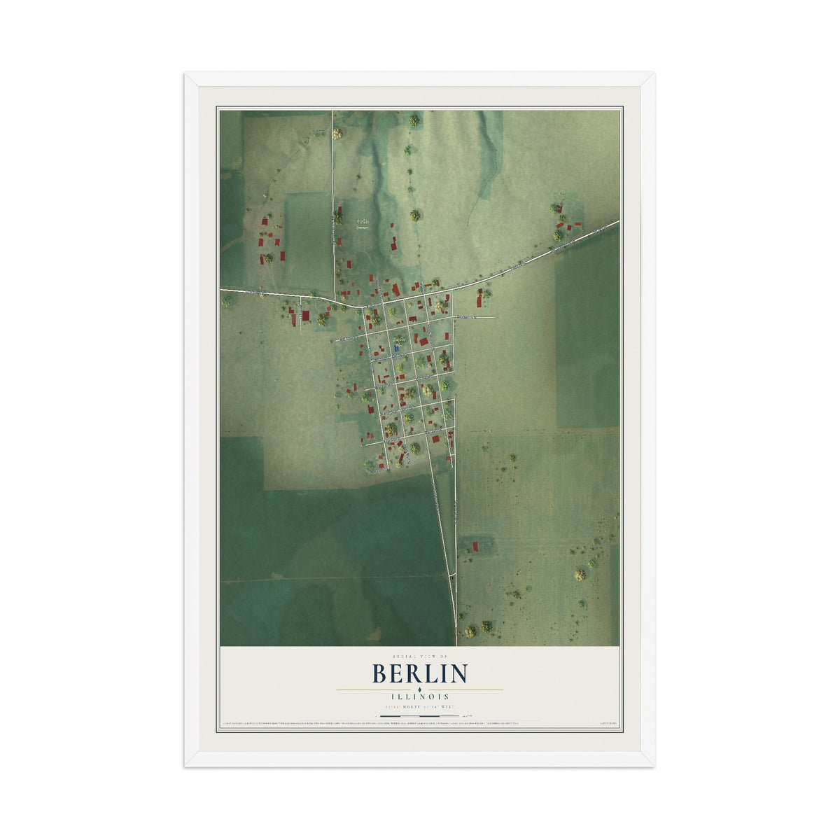 Map of Berlin, Illinois, 12 x 18 inch print in a white wood frame