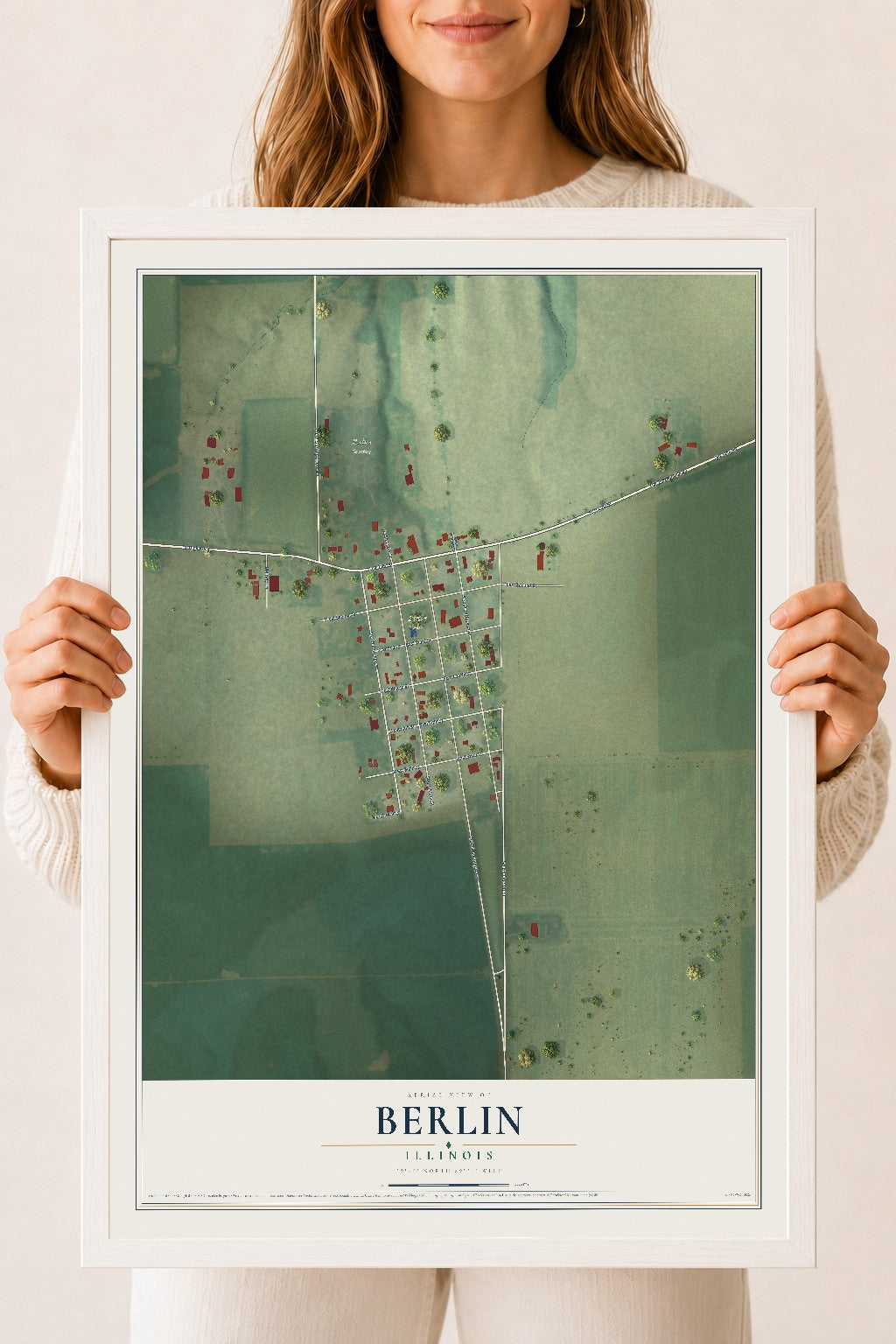 Map of Berlin, Illinois, 18 x 24 inch print in a white wood frame