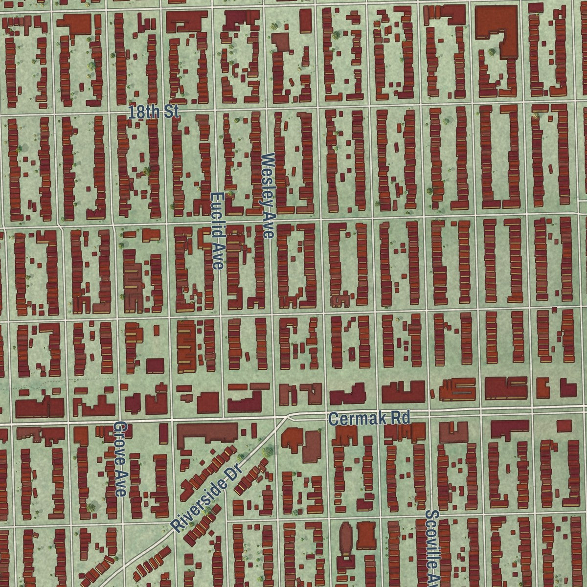 Close-up of the map of Berwyn, Illinois print showing street and building detail