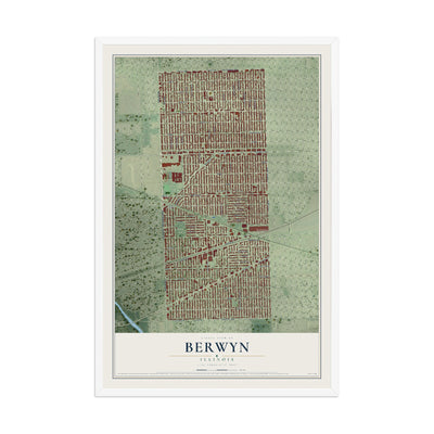 Map of Berwyn, Illinois, 12 x 18 inch print in a white wood frame