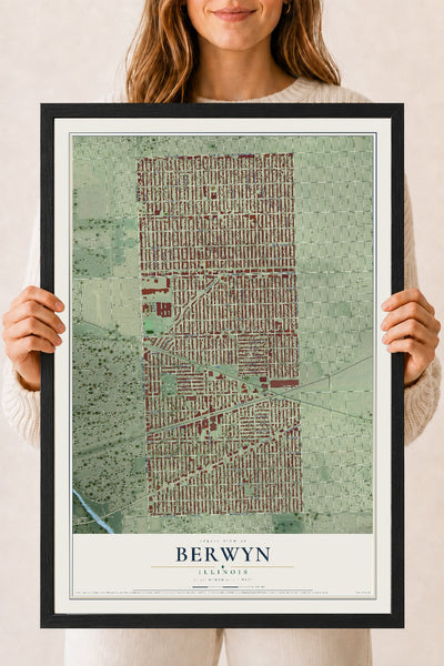 Map of Berwyn, Illinois, 18 x 24 inch print in a black wood frame