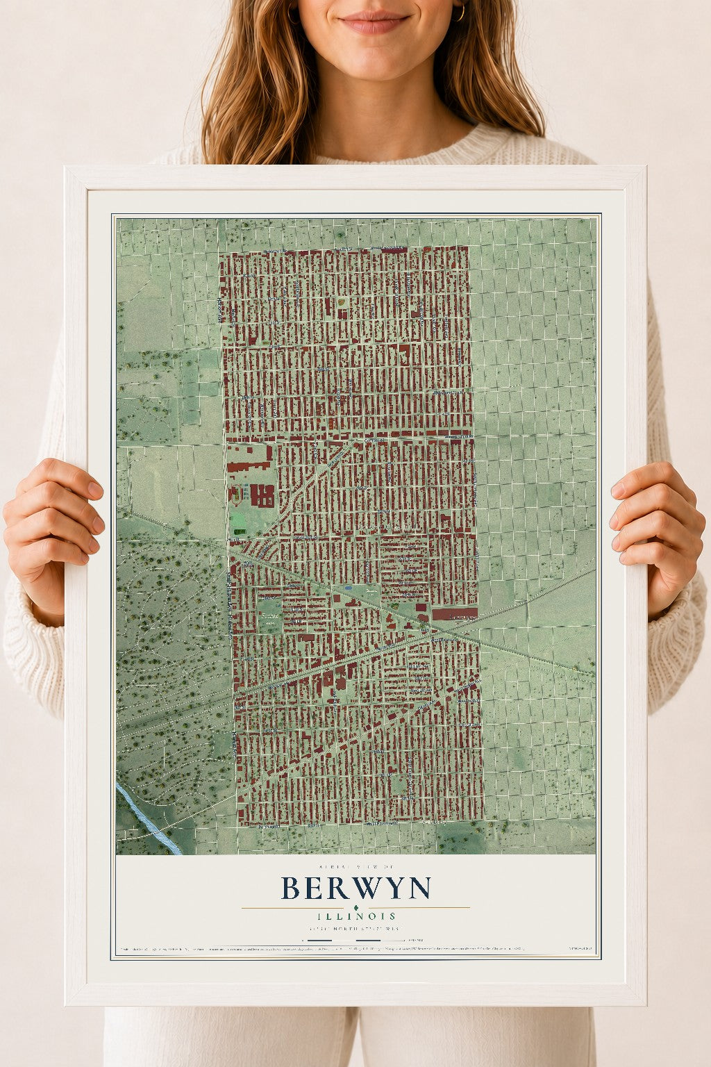 Map of Berwyn, Illinois, 18 x 24 inch print in a white wood frame
