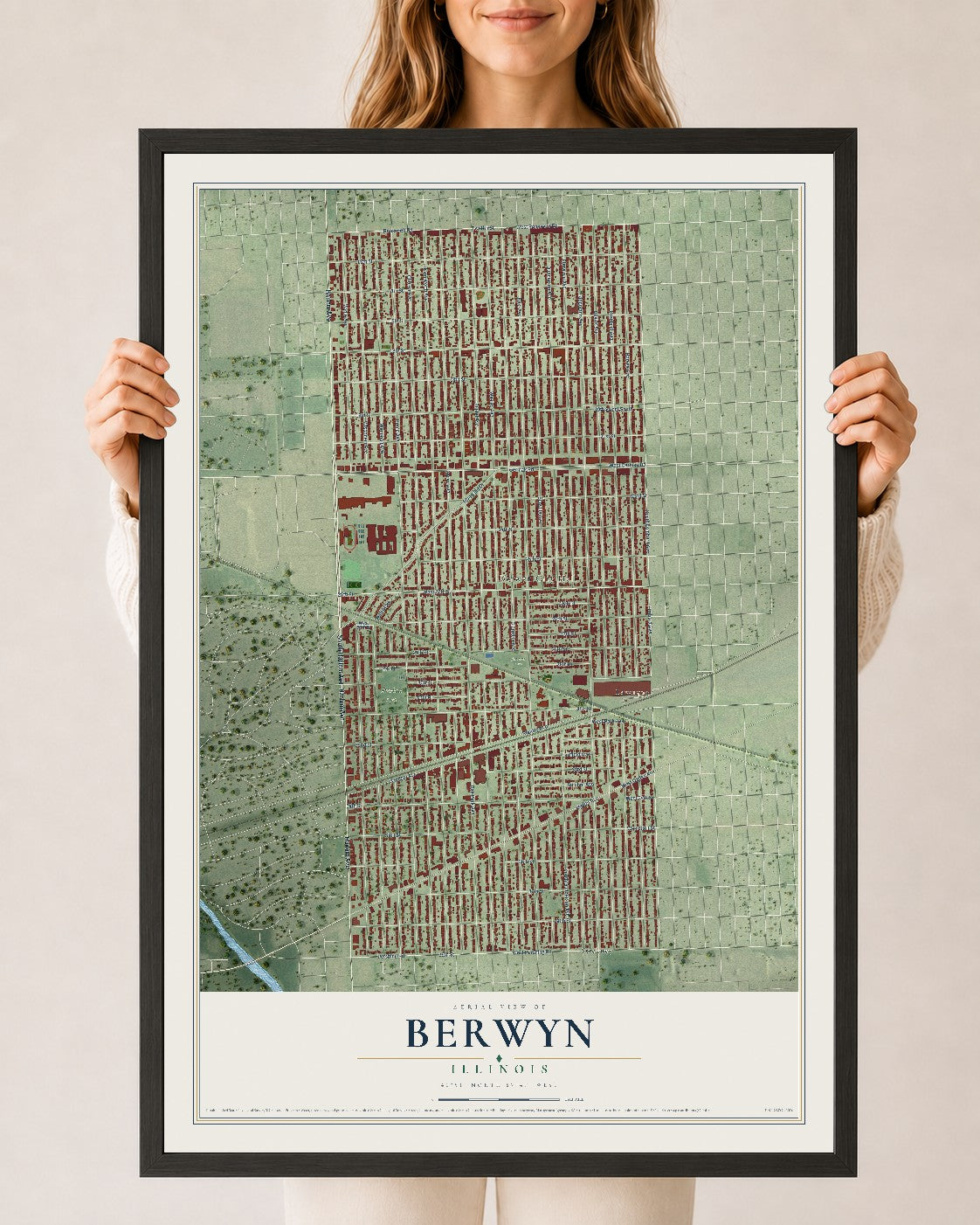 Map of Berwyn, Illinois, 24 x 36 inch print in a black wood frame