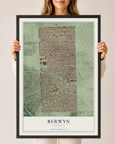 Map of Berwyn, Illinois, 24 x 36 inch print in a black wood frame