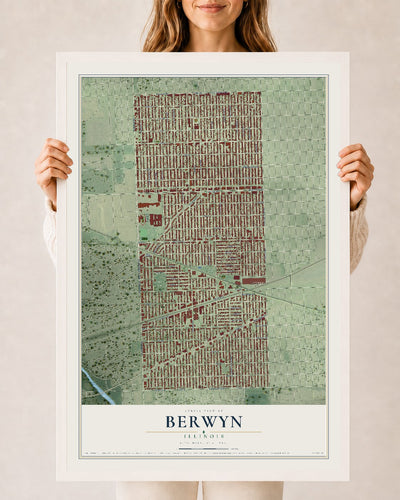 Map of Berwyn, Illinois, 24 x 36 inch print in a white wood frame