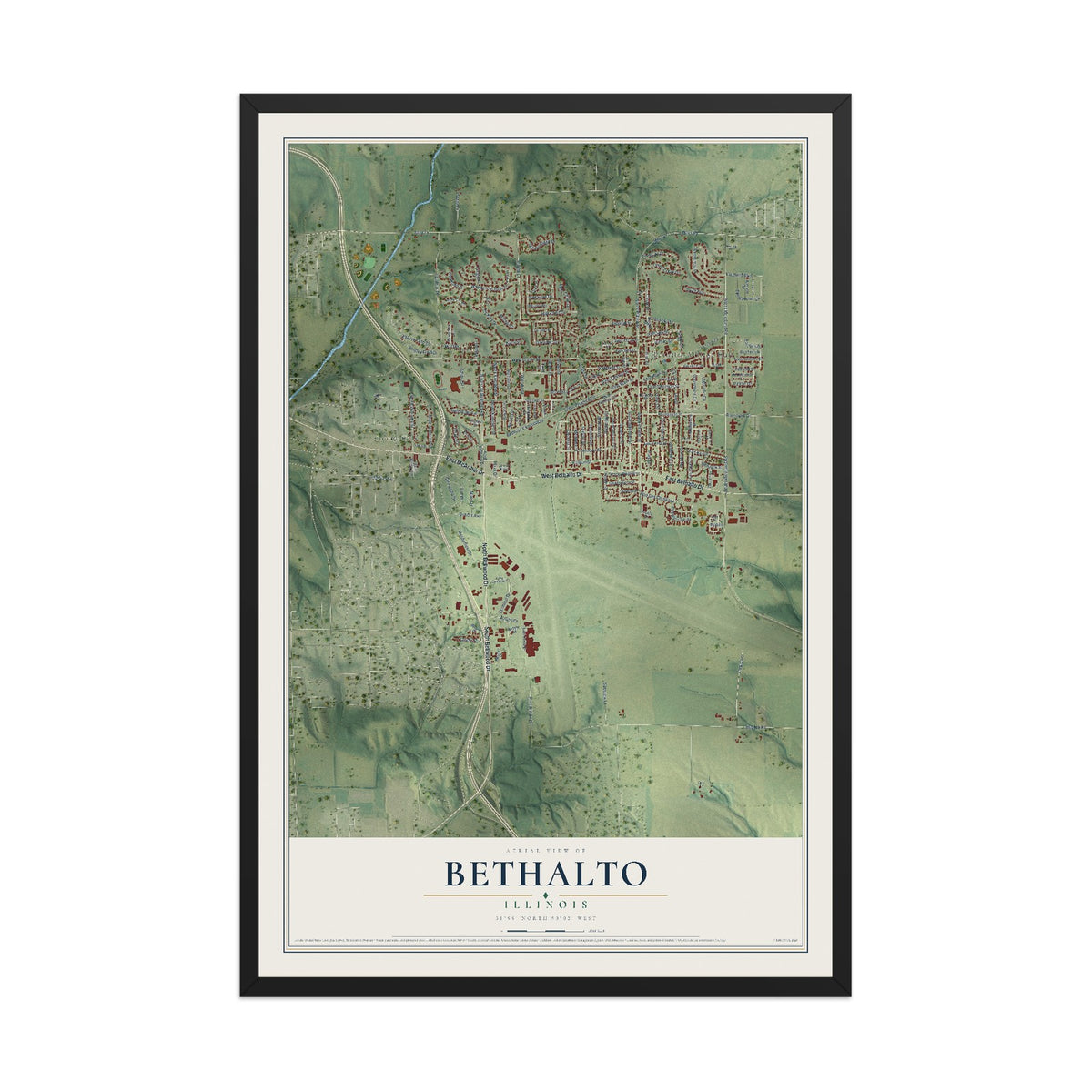 Map of Bethalto, Illinois, 12 x 18 inch print in a black wood frame