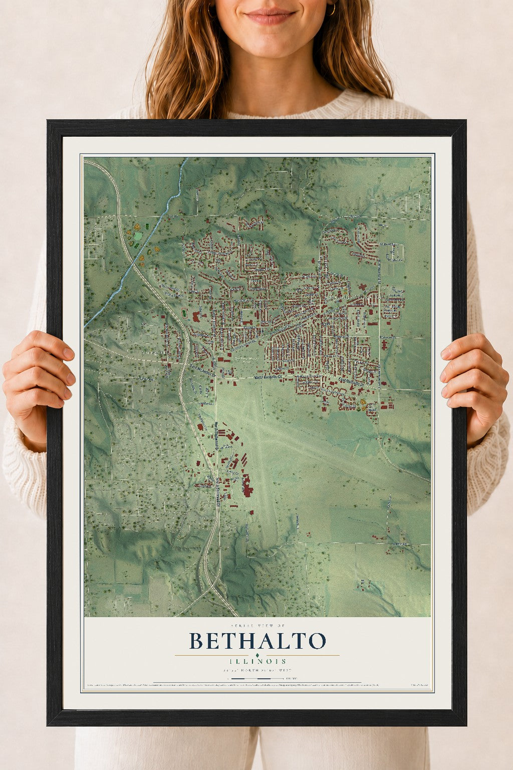 Map of Bethalto, Illinois, 18 x 24 inch print in a black wood frame