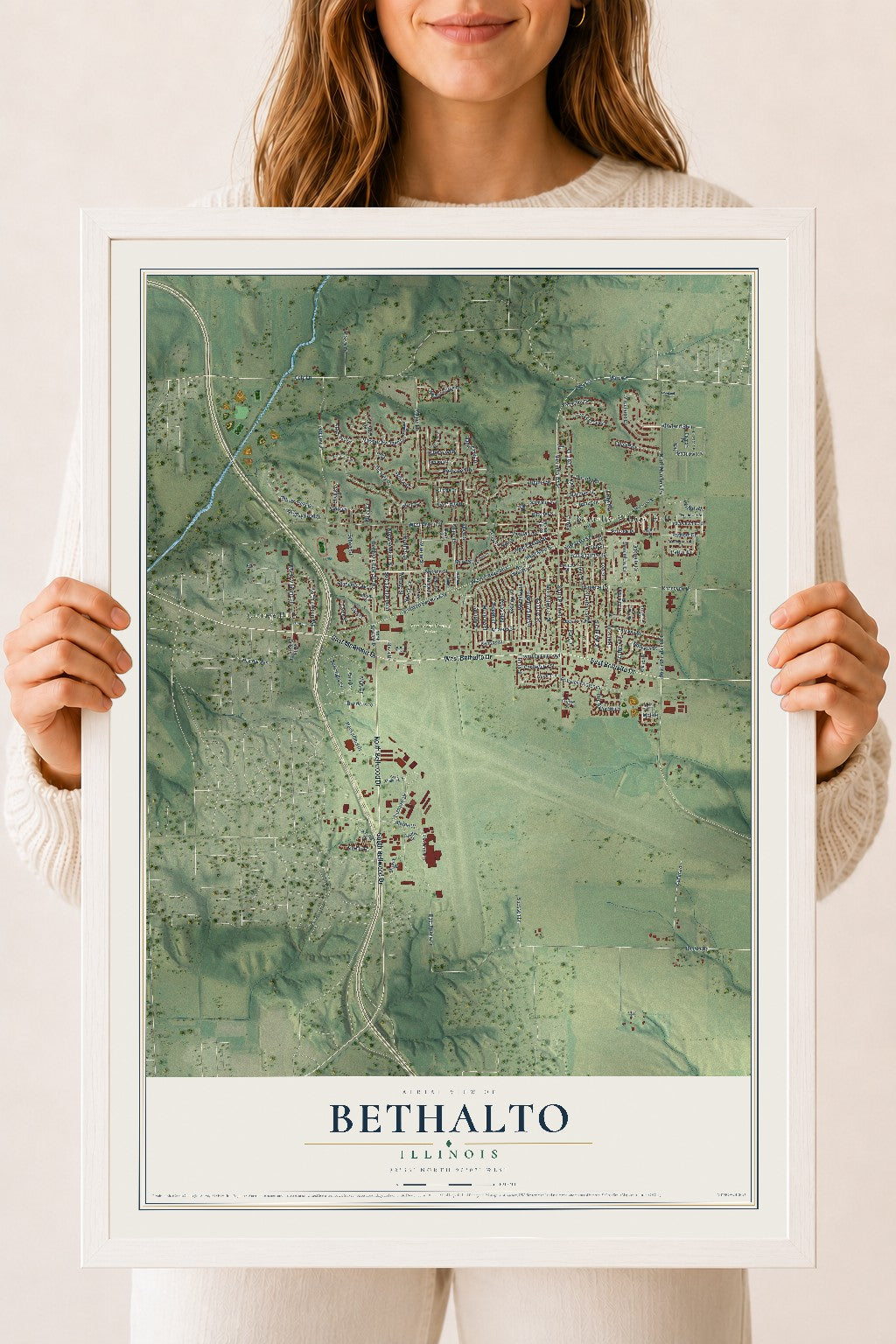 Map of Bethalto, Illinois, 18 x 24 inch print in a white wood frame
