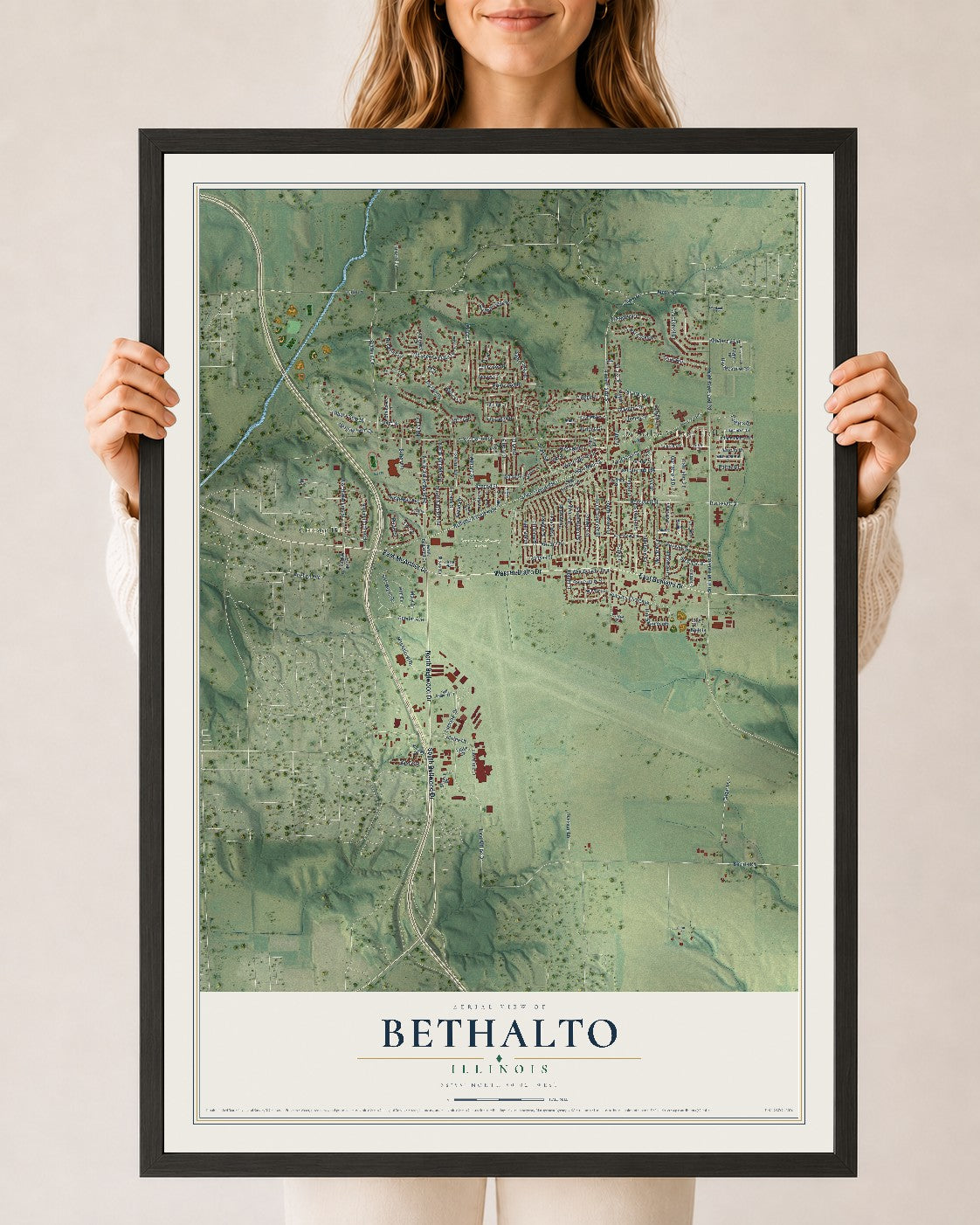 Map of Bethalto, Illinois, 24 x 36 inch print in a black wood frame