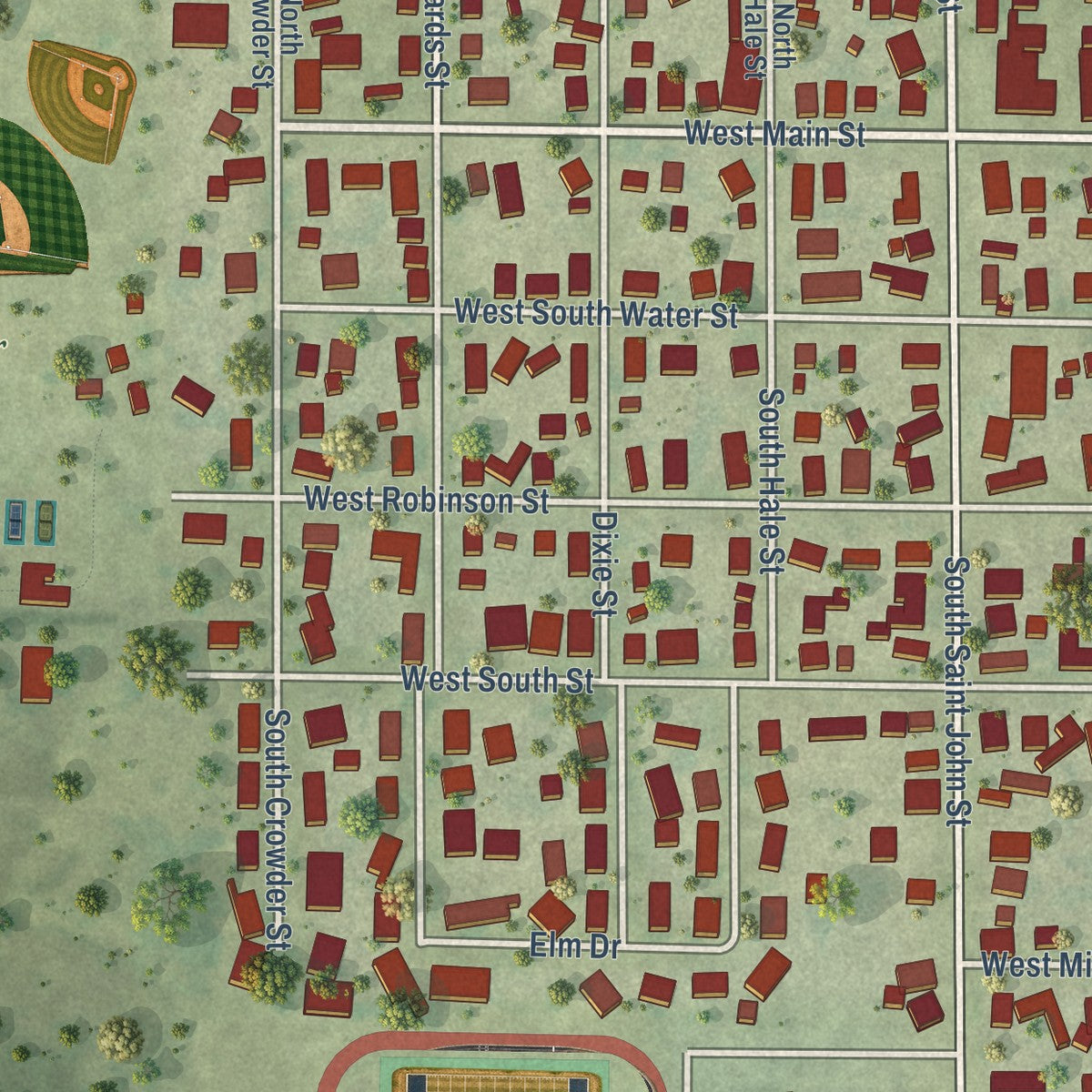 Close-up of the map of Bethany, Illinois print showing street and building detail