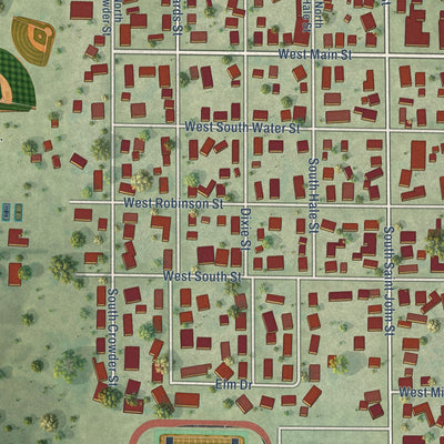 Close-up of the map of Bethany, Illinois print showing street and building detail