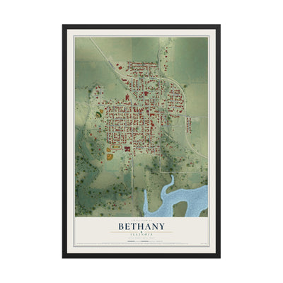 Map of Bethany, Illinois, 12 x 18 inch print in a black wood frame