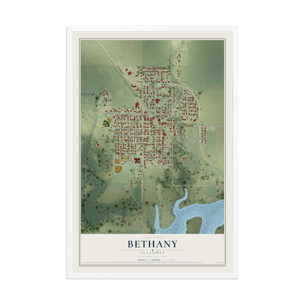 Map of Bethany, Illinois, 12 x 18 inch print in a white wood frame