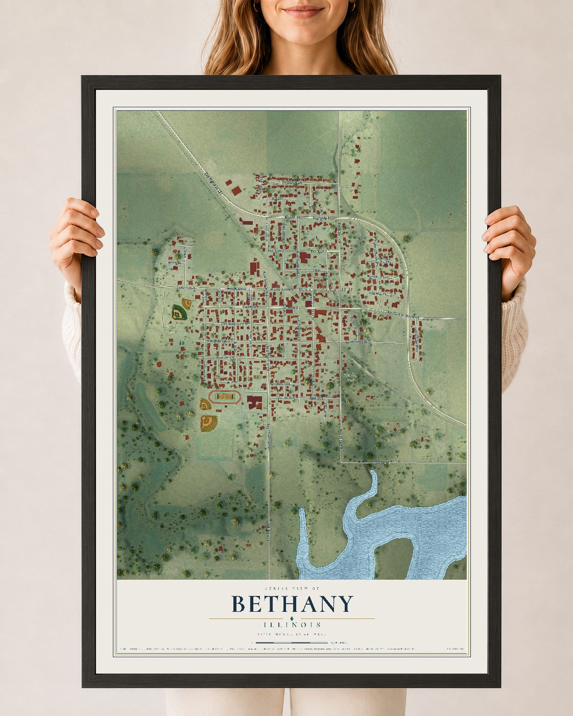 Map of Bethany, Illinois, 24 x 36 inch print in a black wood frame