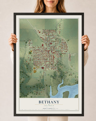 Map of Bethany, Illinois, 24 x 36 inch print in a black wood frame
