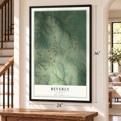 Beverly, Illinois map, 24 x 36 inch print in a black frame by a staircase