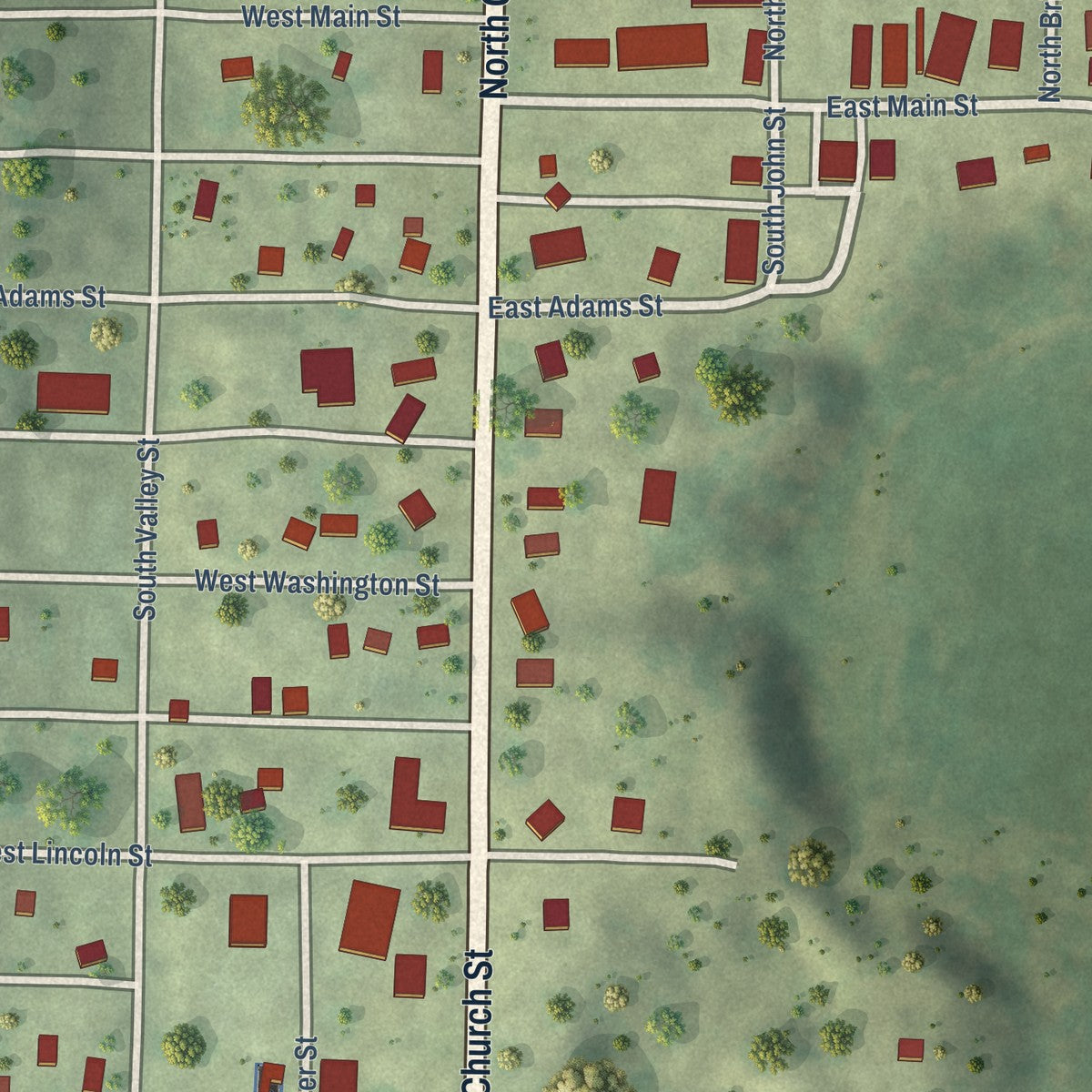 Close-up of the map of Biggsville, Illinois print showing street and building detail