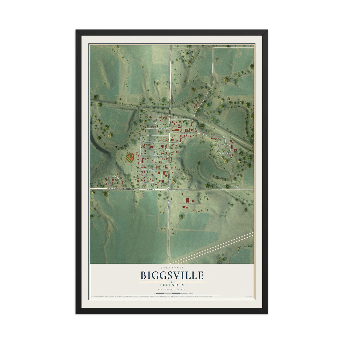 Map of Biggsville, Illinois, 12 x 18 inch print in a black wood frame