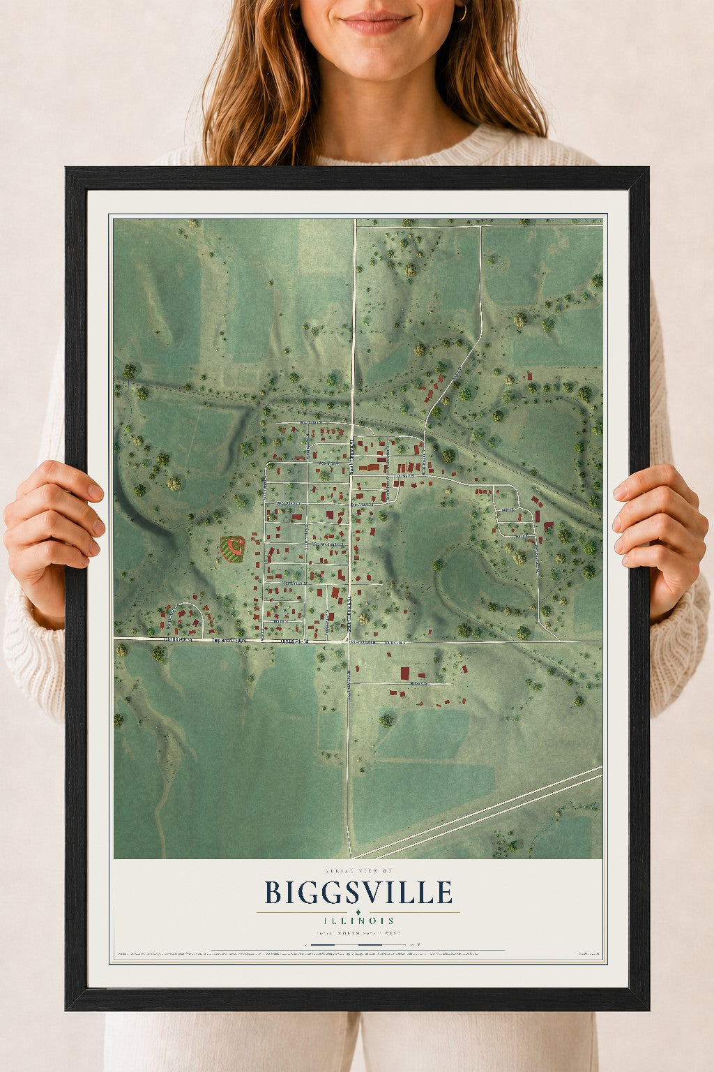 Map of Biggsville, Illinois, 18 x 24 inch print in a black wood frame