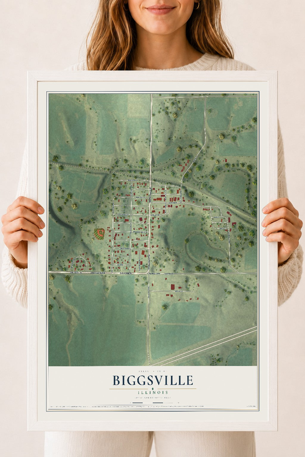 Map of Biggsville, Illinois, 18 x 24 inch print in a white wood frame