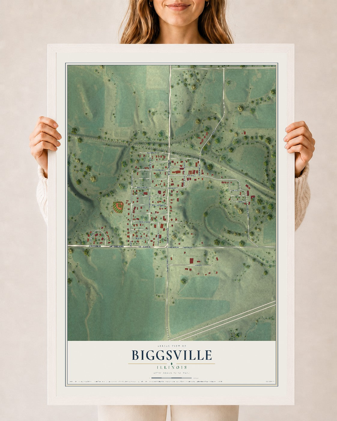 Map of Biggsville, Illinois, 24 x 36 inch print in a white wood frame