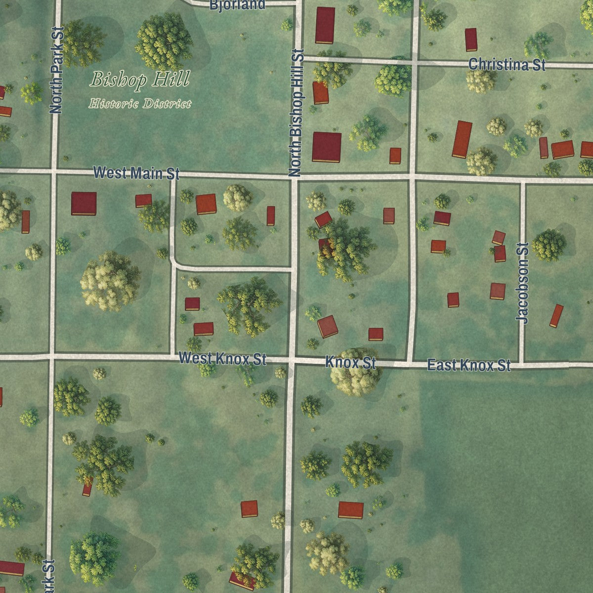 Close-up of the map of Bishop Hill, Illinois print showing street and building detail
