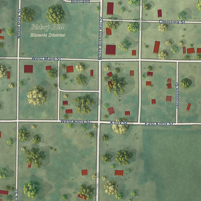 Close-up of the map of Bishop Hill, Illinois print showing street and building detail