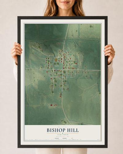 Map of Bishop Hill, Illinois, 24 x 36 inch print in a black wood frame