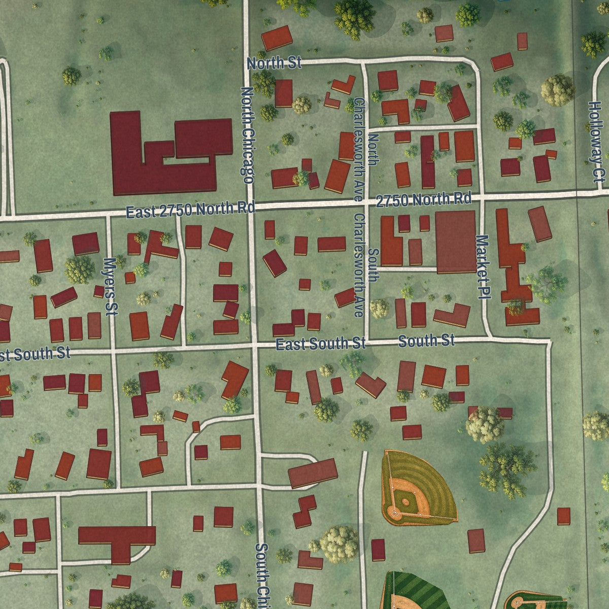 Close-up of the map of Bismarck, Illinois print showing street and building detail