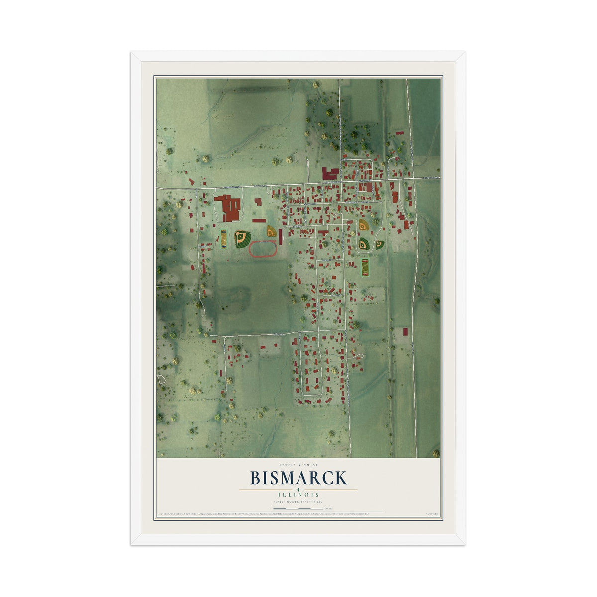 Map of Bismarck, Illinois, 12 x 18 inch print in a white wood frame