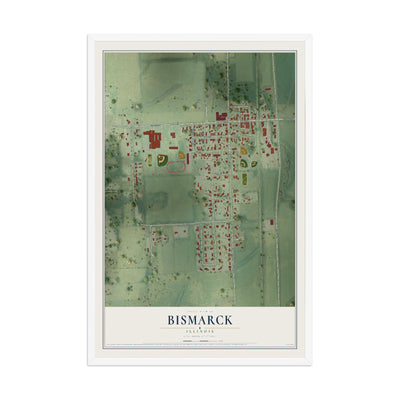 Map of Bismarck, Illinois, 12 x 18 inch print in a white wood frame