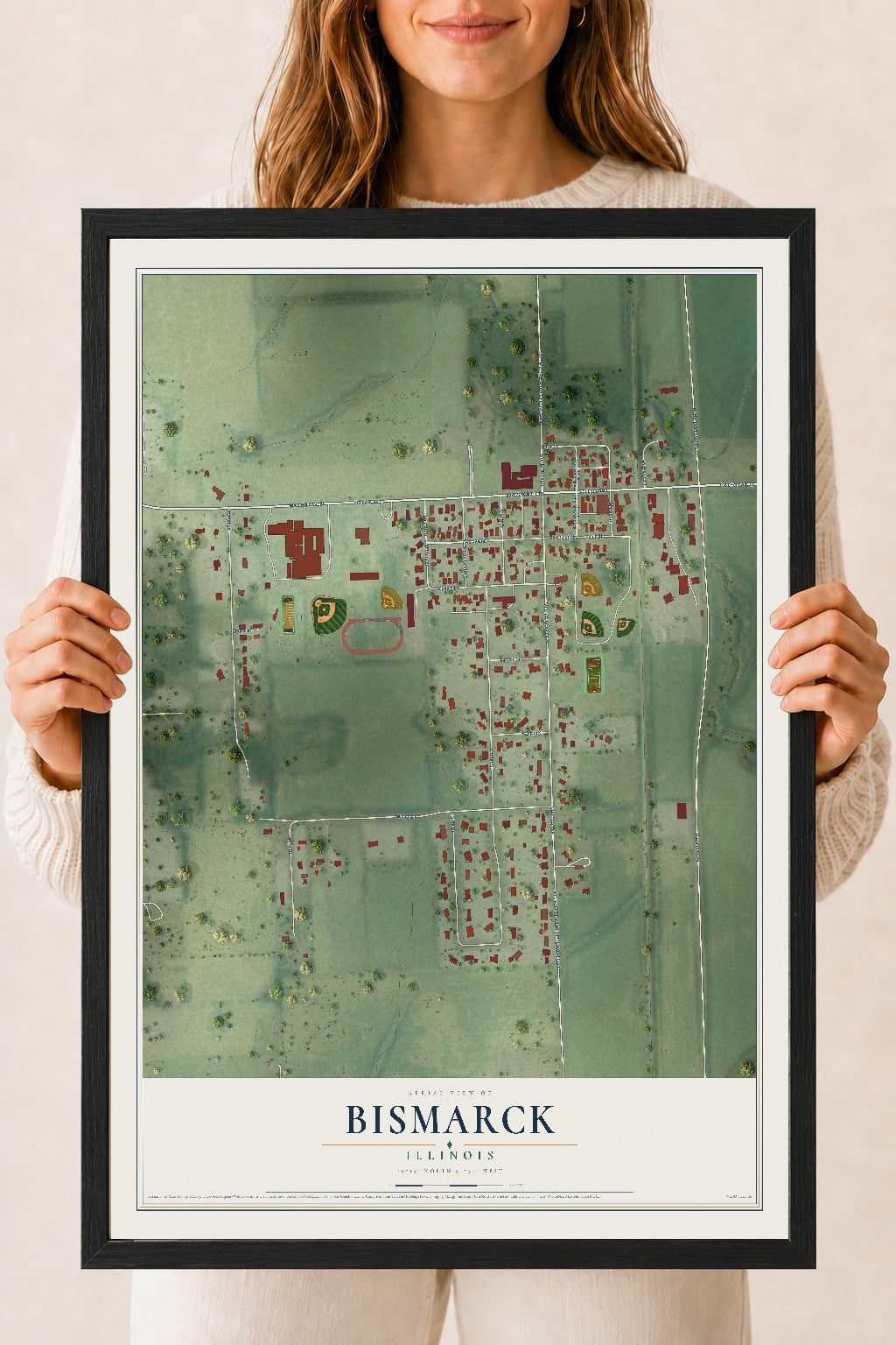 Map of Bismarck, Illinois, 18 x 24 inch print in a black wood frame