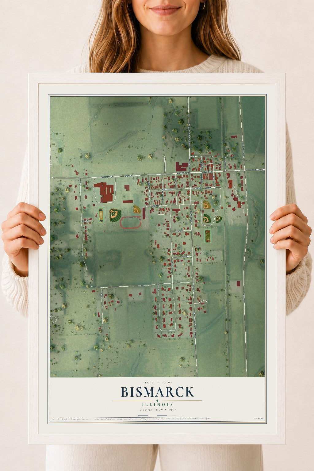 Map of Bismarck, Illinois, 18 x 24 inch print in a white wood frame
