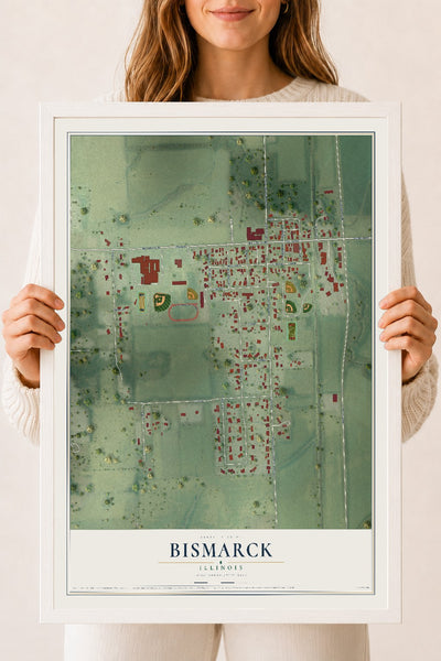 Map of Bismarck, Illinois, 18 x 24 inch print in a white wood frame