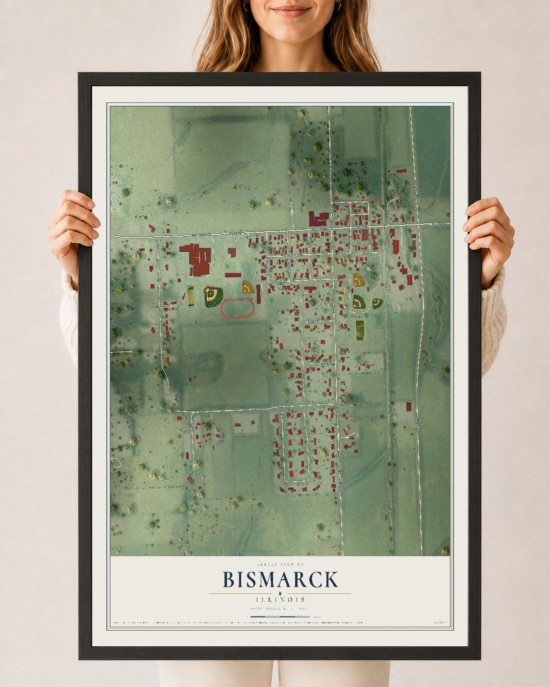 Map of Bismarck, Illinois, 24 x 36 inch print in a black wood frame