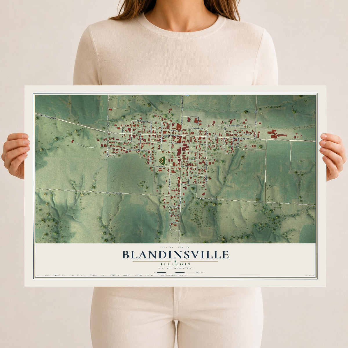 Map of Blandinsville, Illinois, 12 x 18 inch unframed archival matte print