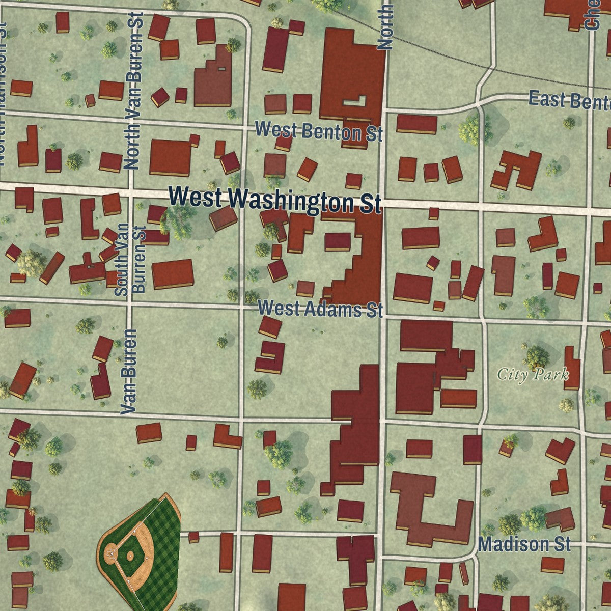 Close-up of the map of Blandinsville, Illinois print showing street and building detail