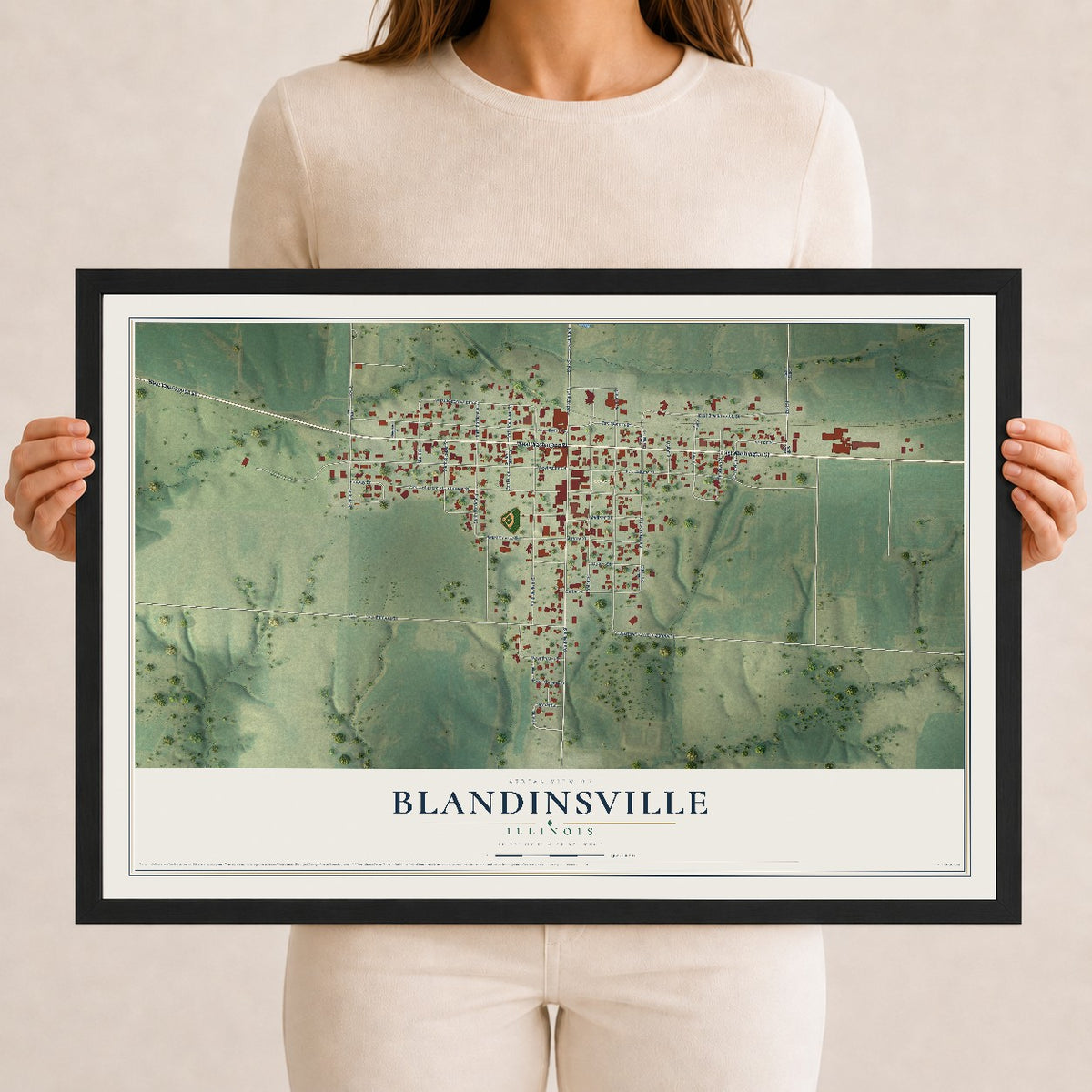 Map of Blandinsville, Illinois, 12 x 18 inch print in a black wood frame