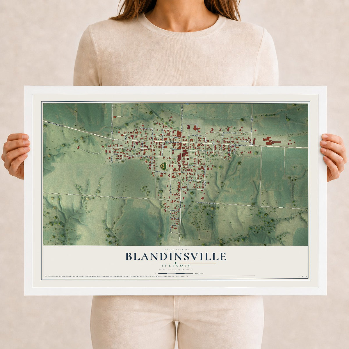 Map of Blandinsville, Illinois, 12 x 18 inch print in a white wood frame