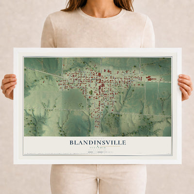 Map of Blandinsville, Illinois, 12 x 18 inch print in a white wood frame