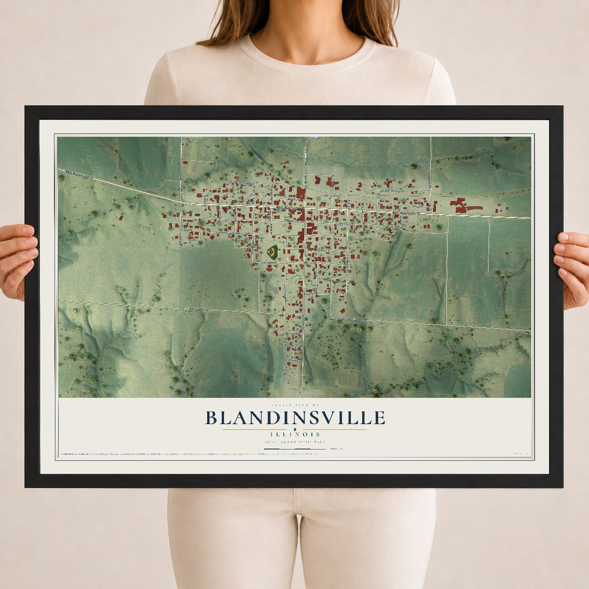 Map of Blandinsville, Illinois, 18 x 24 inch print in a black wood frame