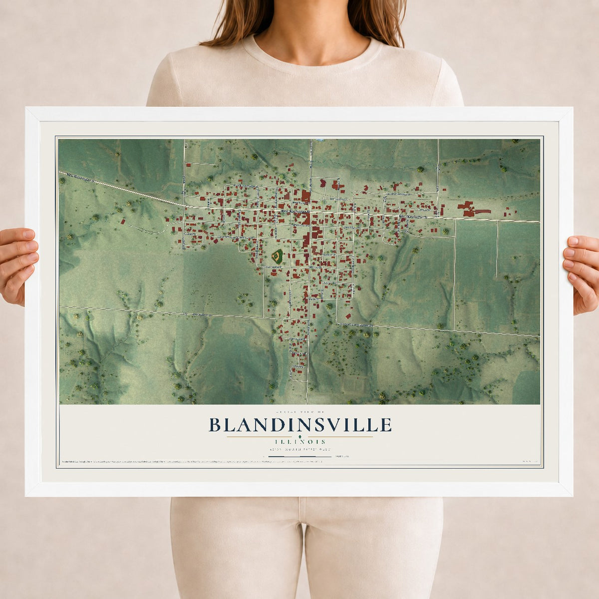 Map of Blandinsville, Illinois, 18 x 24 inch print in a white wood frame