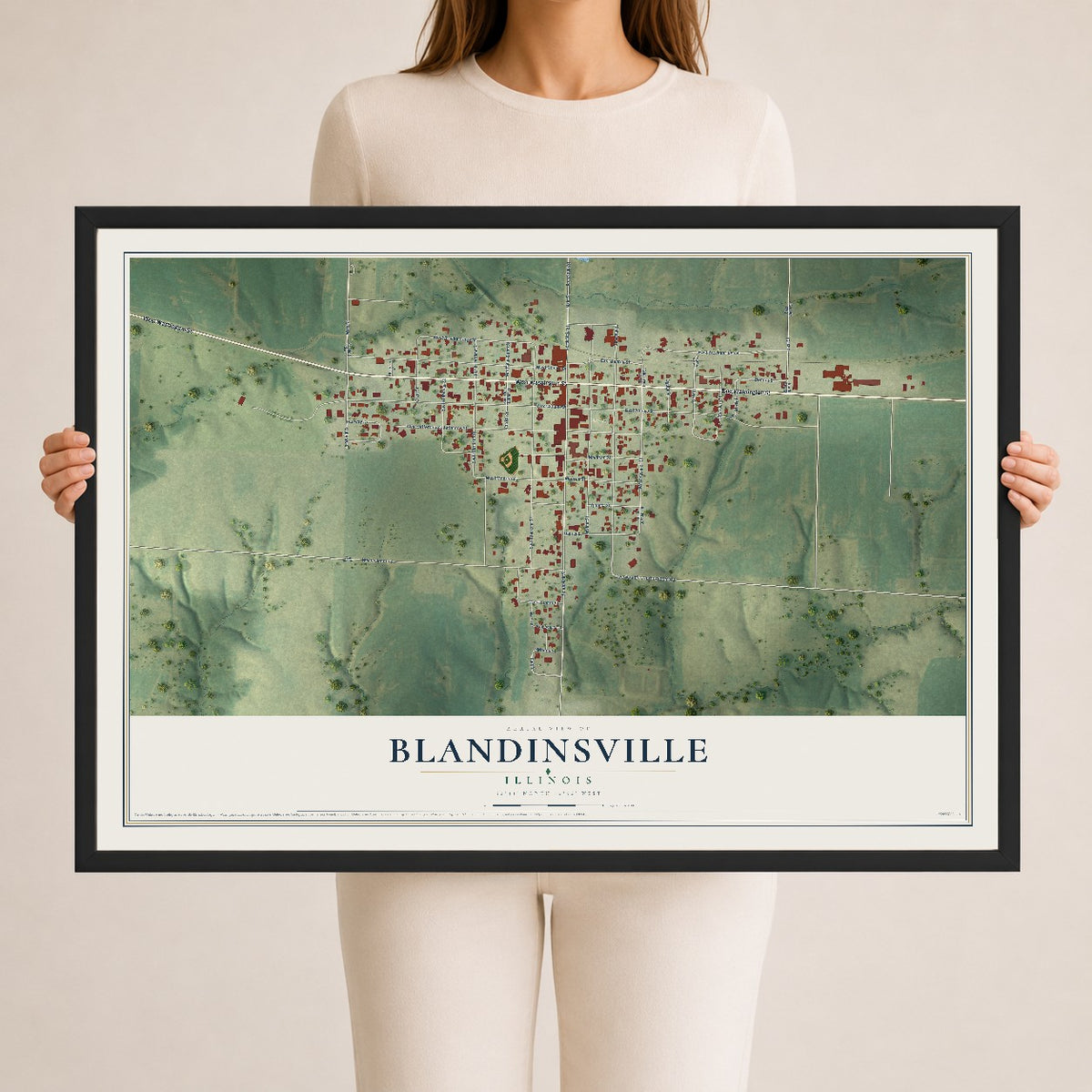 Map of Blandinsville, Illinois, 24 x 36 inch print in a black wood frame